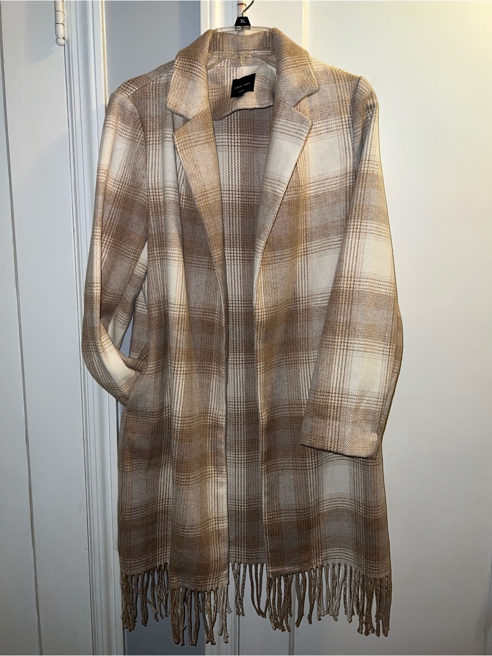 Love Tree Women’s Large Plaid Fringe Open-Front long Coatigan coat Beige Brown